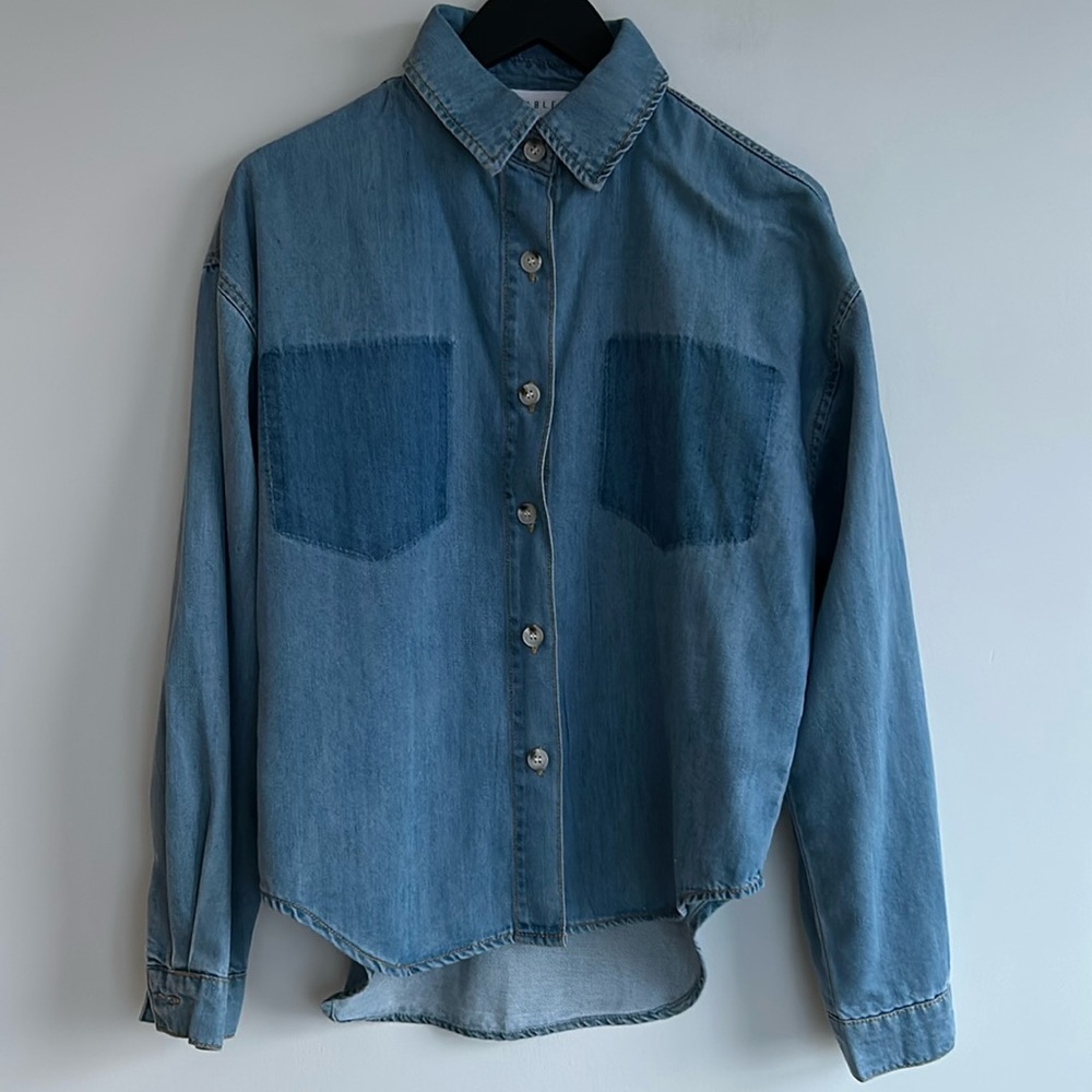 Anthropology Long-Sleeve Burnout Pocket Denim Shirt - Picture 5 of 9